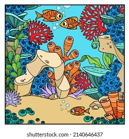 Cartoon underwater world with corals, sponges and small fish color variation for coloring page isolated on white background