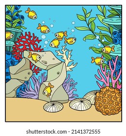 Cartoon underwater world with corals, tall thin algae, sponges and anemones color variation for coloring page isolated on white background
