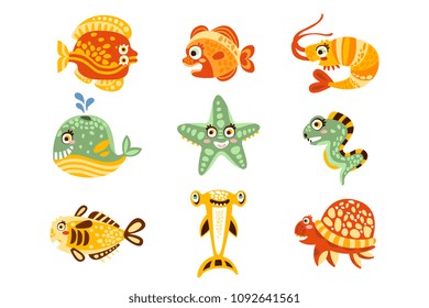 Cartoon underwater world with fish, plants, marine life. Underwater world set of colorful characters vector Illustrations