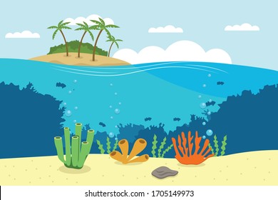 Cartoon underwater world with fish, plants, island