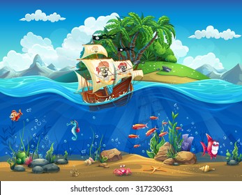 Cartoon underwater world with fish, plants, island and ship