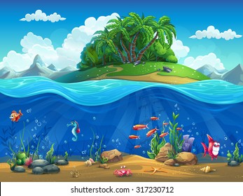 Cartoon underwater world and fish  plants  island