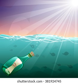 Cartoon underwater world with the letter in a bottle, fish and reefs. Bottle on the ocean bottom. Vector illustration on a pirate theme.