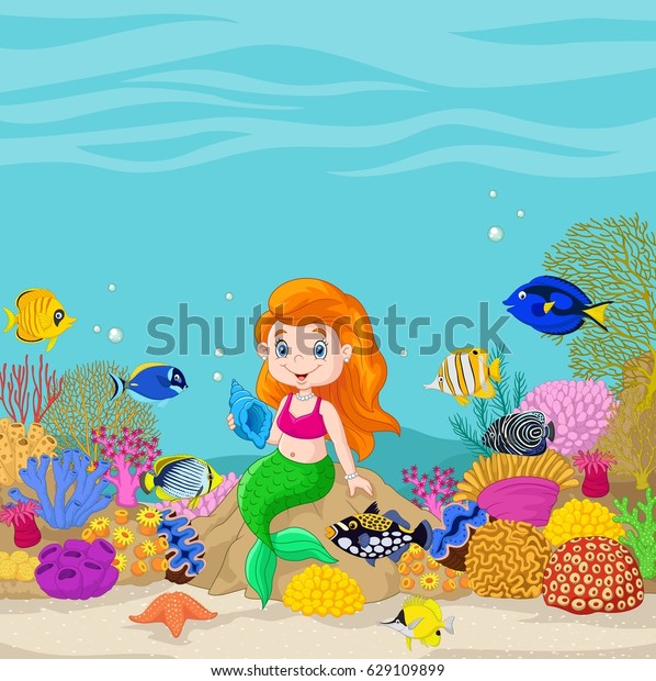 Cartoon Underwater World Little Mermaid Holding Stock Vector (Royalty ...