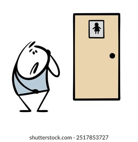 Cartoon unfortunate boy stands at the door to the women's bathroom and suffers. Vector illustration stickman wants to write, but confused the booths. Doodle funny gender situation.