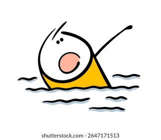 Cartoon unfortunate man is drowning in the sea, the wet one is screaming loudly, calling for help. Vector illustration of a stickman waving his hand, floating in the water.