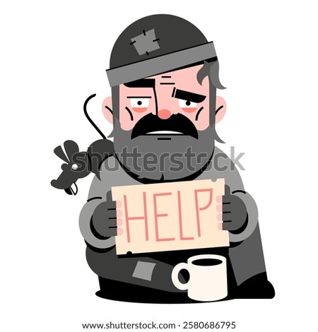 Cartoon unfortunate poor stickman wanders dejectedly, carrying a sign asking for help. Vector illustration of a hungry homeless and unemployed character.