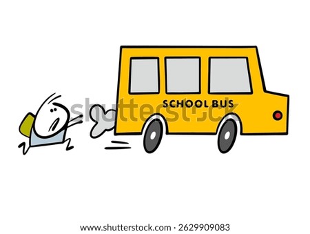 Cartoon unfortunate student quickly runs after the school bus. Vector illustration of a boy with a backpack who missed a transport session and catches up with a car.