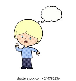 cartoon unhappy boy giving peace sign with thought bubble
