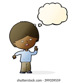 cartoon unhappy boy giving peace sign with thought bubble