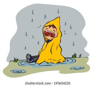 Cartoon unhappy boy sitting in puddle in raining (vector)