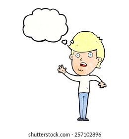 Cartoon unglücklicher Junge mit Gedankenblase