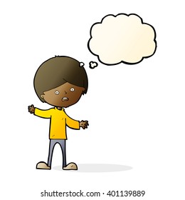 caricatura niño infeliz con burbuja de pensamiento