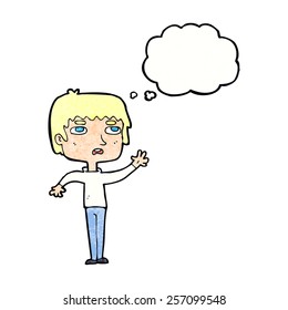 cartoon unhappy boy waving with thought bubble