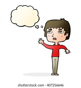 cartoon unhappy boy waving with thought bubble