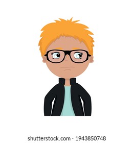 Cartoon unhappy boy with yellow hair in glasses