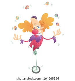 Cartoon unhappy clown with tears juggling and crying in one wheel old bicycle