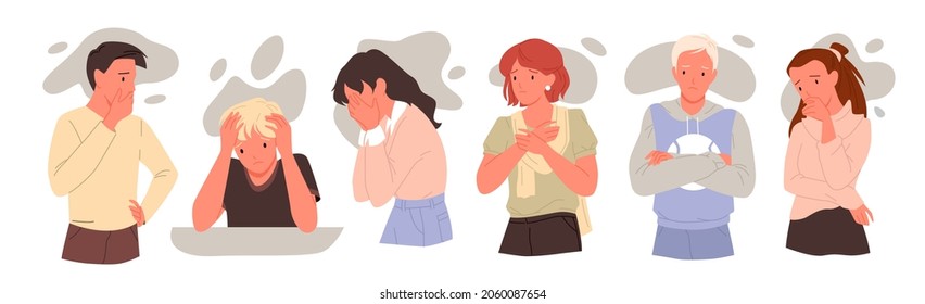 Cartoon unhappy depressed male female teen character with despair depression expression in face isolated on white background. Sad depressed people set, mental health anxiety problem vector