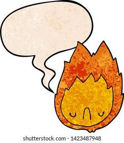 cartoon unhappy flame with speech bubble in retro texture style