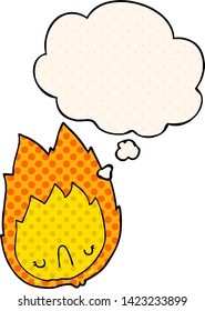 cartoon unhappy flame with thought bubble in comic book style