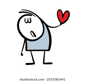 Cartoon unhappy man is sad, closed his eyes and gives his heart. Vector illustration of the torment and suffering of unrequited love. Isolated doodle character on white background.