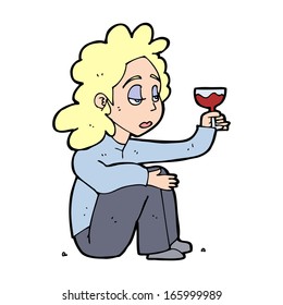 cartoon unhappy woman with glass of wine