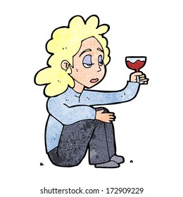 cartoon unhappy woman with glass of wine