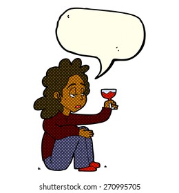 cartoon unhappy woman with glass of wine with speech bubble