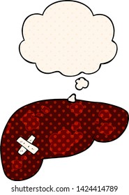 cartoon unhealthy liver with thought bubble in comic book style