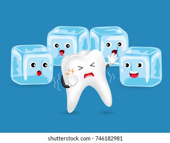 Cartoon unhealthy tooth character with ice. Sensitive Teeth To Cold.  Dental care concept, illustration isolated on blue background.
