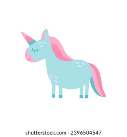 Cartoon unicorn animal isolated on white. Cute magical character, vector nursery poster. 