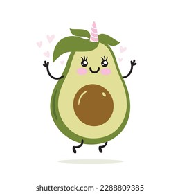 Cartoon Unicorn avocado vector print. Cute avocado. Unicorn avocado