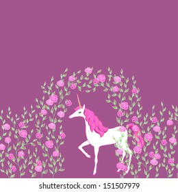 Cartoon unicorn in bloom flowers. Cute illustration
