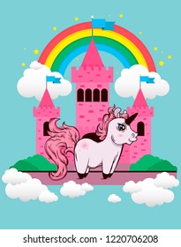 cartoon unicorn. Castle and Rainbow and Unicorn. Vector illustration EPS10.