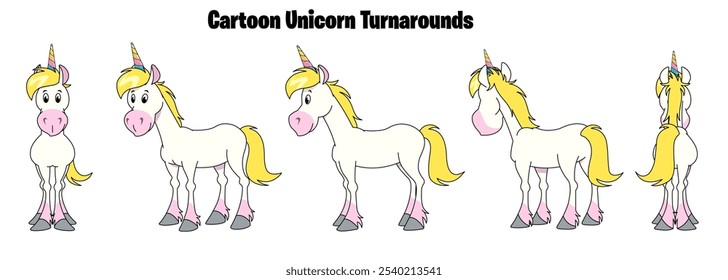 Cartoon Unicorn Character Turnaround, Folha de modelo, vetor de unicórnio, desenho animado do cavalo ilustração