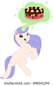 Cartoon unicorn with chocolate cake.