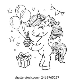 Cartoon unicorn with cupcake and balloons, happy birthday. Black and white linear drawing. For children's design of birthday greetings, prints, posters, coloring books, etc. Vector