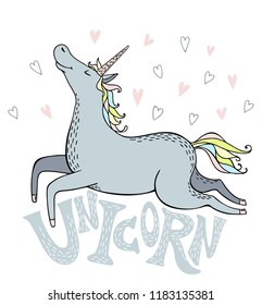 Cartoon unicorn. Cute magical unicorn. Typography and unicorn. Vector design isolated on white background. Print for t-shirt or sticker. Romantic hand drawing illustration.
