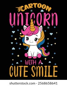 Cartoon unicorn with a cute smile graphic design