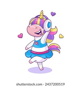 Cartoon unicorn dancing with headphones, children's illustration