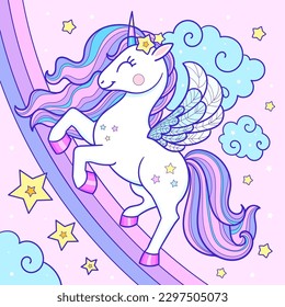 Cartoon unicorn dancing on the rainbow. Cute fantasy animal. For children's design of prints, posters, cards, stickers, badges and so on. Vector illustration