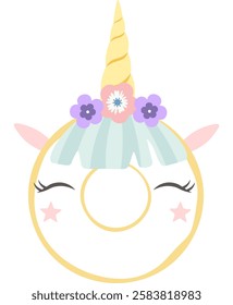 Cartoon unicorn donut with flowers and winking eyes is wearing a crown, isolated on white background, ideal for children s textiles, wrapping paper, greeting cards, posters, stickers