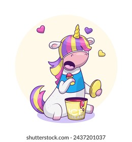 Cartoon unicorn eating ice cream, vector children's illustration, sticker