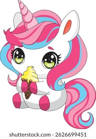 Desenho Animado Unicórnio Comendo Sorvete Bonito Doodle Vetor