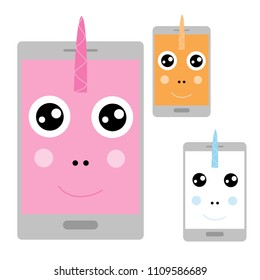 Cartoon unicorn face in smartphone, vector illustration.