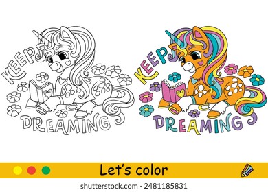 Unicornio de dibujos animados con flores y letras. Dibujos para colorear para niños. Carácter unicornio. Contorno negro sobre fondo blanco. Ilustración aislada de Vector con Plantilla colorida. Para colorear, imprimir, diseñar