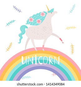 Cartoon unicorn with flowers and rainbow, vector printable card template