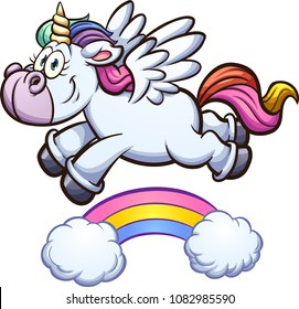 Cartoon unicorn flying over rainbow. Vector clip art illustration with simple gradients. Unicorn and rainbow on separate layers. 
