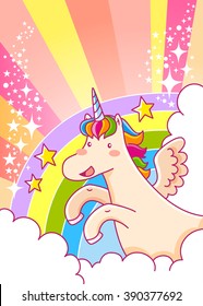 cartoon unicorn flying over the rainbow with glitters and space for text