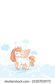 Cartoon unicorn is flying in the sky, surrounded by clouds, ideal for children s projects. Vector illustration